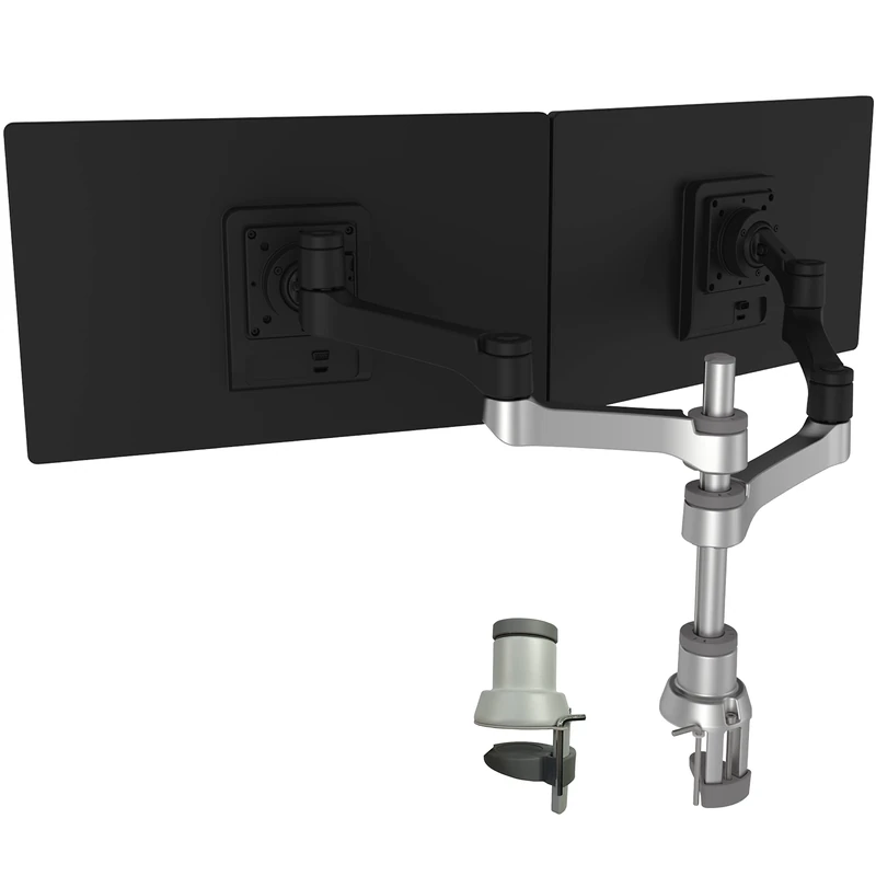 R-Go Tools ZEPHER 4 C2, Dual monitor arm, Adjustable Vesa(75x75 and 100x100mm) Mount Desk Stand with Clamp, Fits 32'' LCD Computer Monitors, Weigh max 8KG, Matte silver