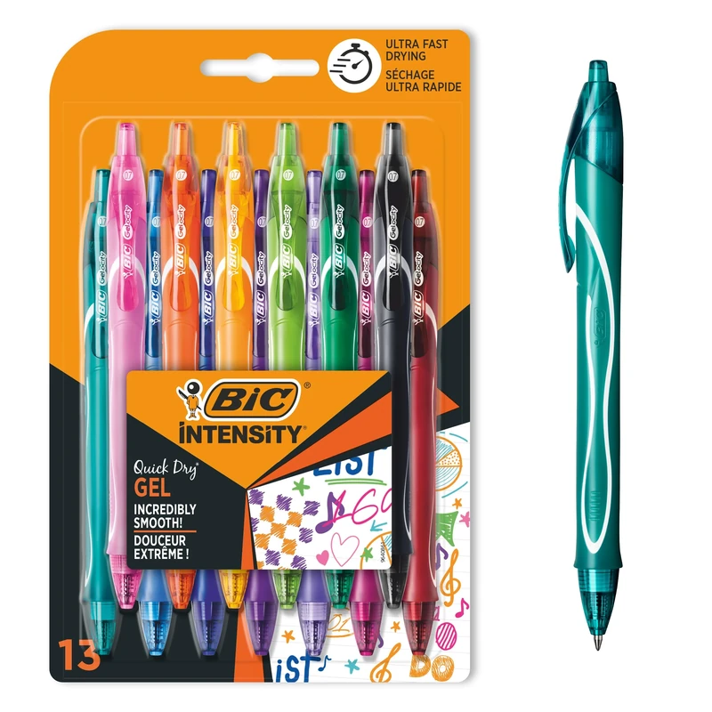 BIC Gel-ocity Quick Dry, Ultra Fast Drying Gel Ink Pens with Full Grip Barrel, Assorted Colours, Pack of 13