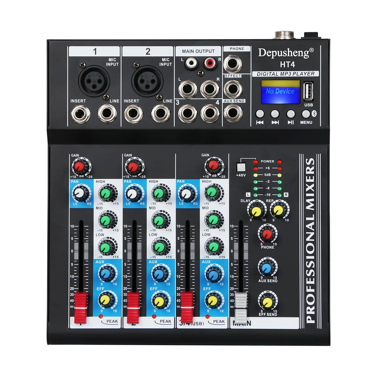 Depusheng HT4 Bluetooth Compatible Professional Portable Digital DJ Console w/USB 4 Channel Mixer Audio Interface-Mixing Boards For Studio Recording,Black