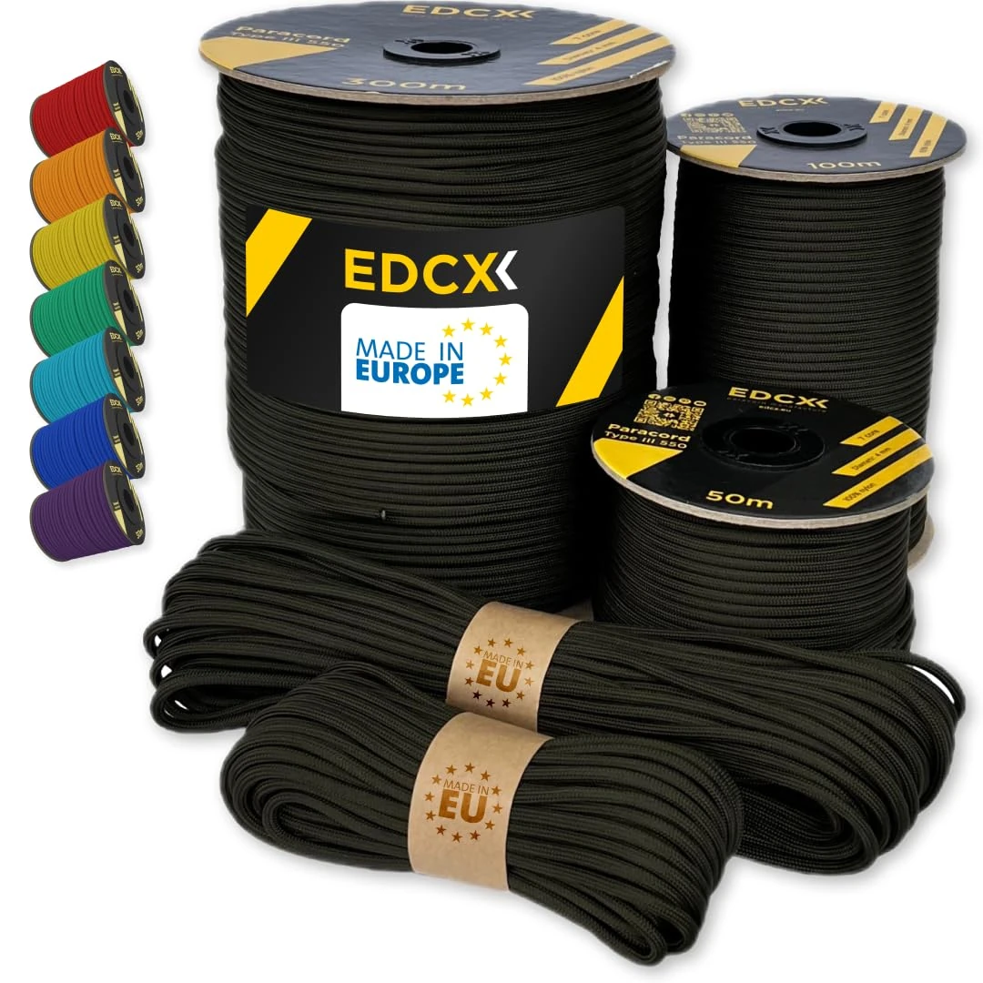 EdcX Paracord 4mm, 35+ Solid Colors (10m, 15m, 30m, 50m, 100m, 300m) | Ideal for Crafting, DIY, Camping, Survival, Outdoor | 100% Nylon Rope 4mm | Tactical Cord 550 Type III (Army Green, 15 m)