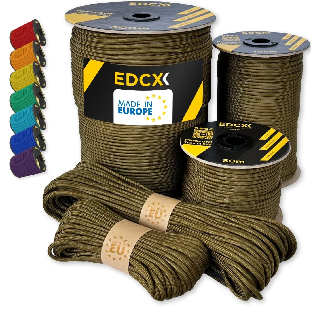 EdcX Paracord 4mm, 35+ Solid Colors (10m, 15m, 30m, 50m, 100m, 300m) | Ideal for Crafting, DIY, Camping, Survival, Outdoor | 100% Nylon Rope 4mm | Tactical Cord 550 Type III (Coyote Brown, 15 m)