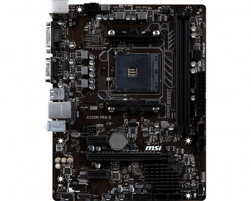 MSI A320M PRO-E Motherboard Matx, AM4, DDR4, LAN, USB 3.1 Gen1, DVI-D, HDMI, 16M BIOS ROM, AMD Ryzen 1ST and 2ND Gen