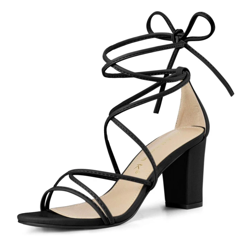 Allegra K Women's Strappy Lace Up Chunky Heeled Sandals Black 4 UK/Label Size 6 US