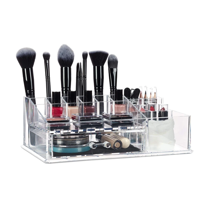 Relaxdays Makeup Organiser with Drawer, Acrylic Storage Box for Cosmetics and Jewellery, Lipstick Holder, Transparent