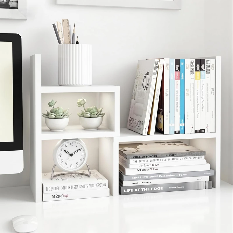 JERRY & MAGGIE - Desktop Organizer Office Storage Rack Adjustable Wood Display Shelf | Birthday Gifts - Toy - Home Decor | - Free Style Rotation Display - True Natural Stand Shelf (White)