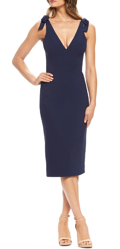 Dress the Population Women's Lita Sleeveless Plunging Midi Sheath Dress w Bows, Midnight Blue, Small