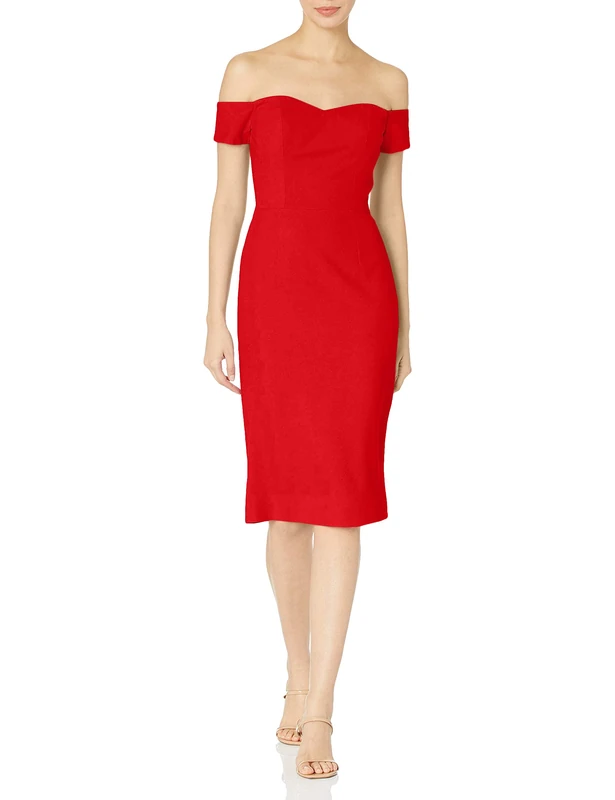 Dress the Population Women's Bailey Off The Shoulder Sweetheart Bodycon Midi Sheath Dress, Rouge, X-Large
