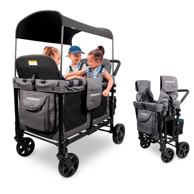 WONDERFOLD W4 Original Stroller Wagon (4 Seater) - Collapsible Wagon Stroller with Seats with 5-Point Harnesses, Easy Access Zipper Door, and Removable Sun Canopy, Grey