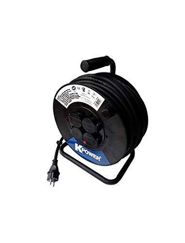 KPOWER 699025 Rubber Cable Reel 25 m 4 Sockets with Clamp, Thermal Circuit Breaker, 3Gx2.5 H07RNF IP44, Black