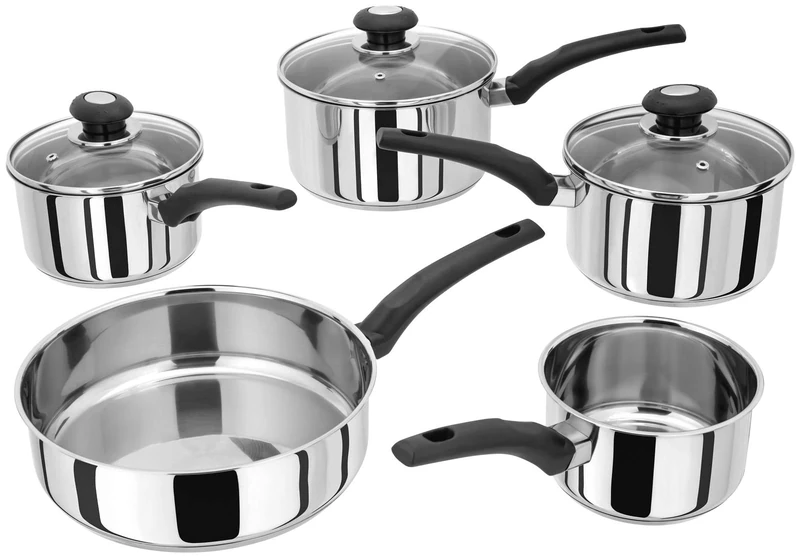 Judge Essentials Stainless Steel Set of Pans, 5-Piece Set, 14cm Milk Pan, 26cm Frying Pan, 16cm, 18cm & 20cm Saucepans with Vented Glass Lids, Induction Ready, 10 Year Guarantee