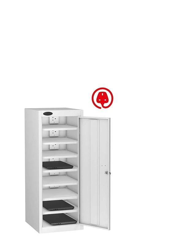 Single Door 8 Shelf Media Charging Low Locker, White, Hasp Lock