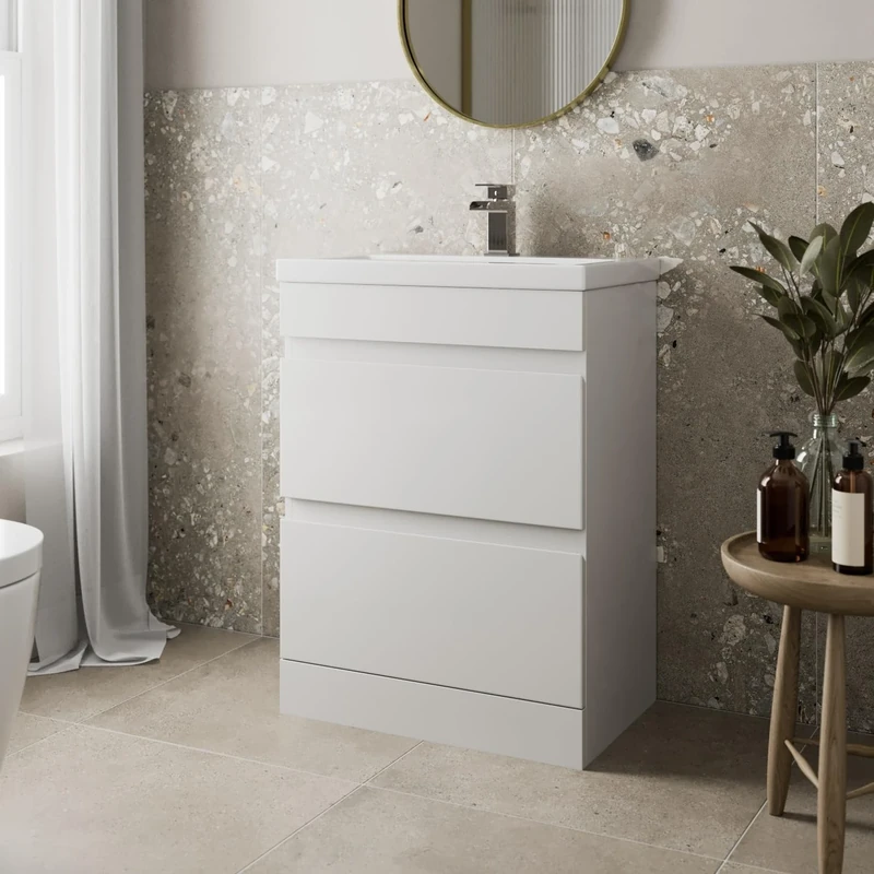 Artis 600mm Bathroom Vanity Unit With Wash Basin Ceramic Sink, 2 Drawer, Cloakroom Storage Furniture Under Basin Cabinet, Floorstanding Cabinets, White Gloss