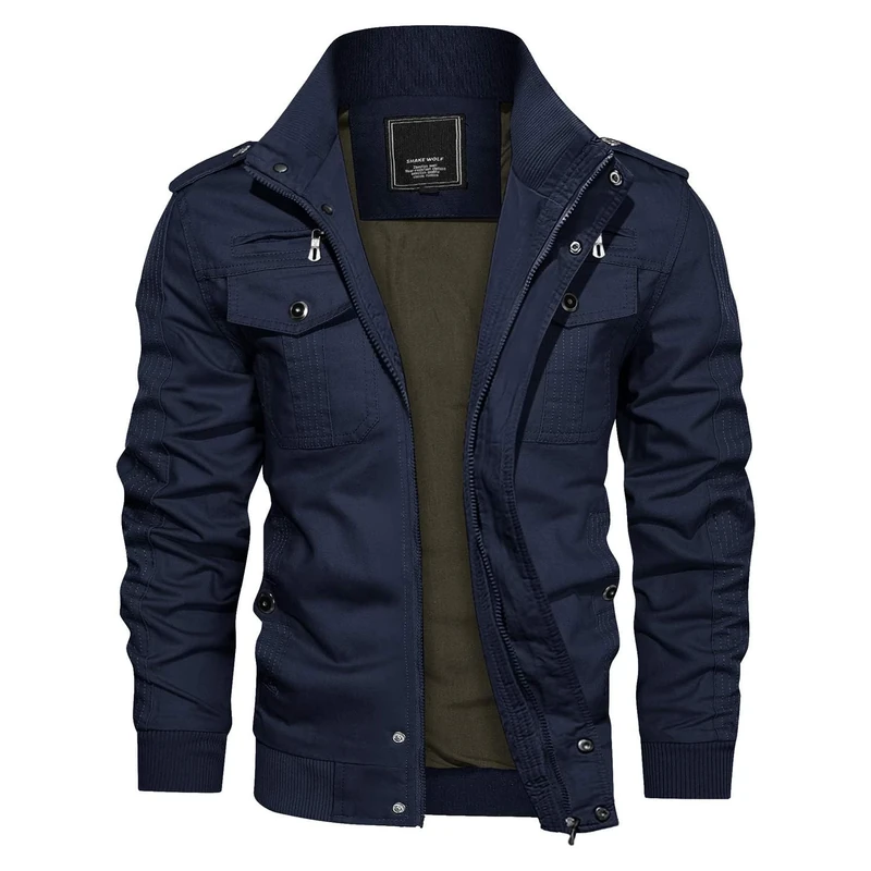 KEFITEVD Men's Casual Cargo Jacket Autumn Military Bomber Jackets Windbreaker Coat, Navy Blue, L