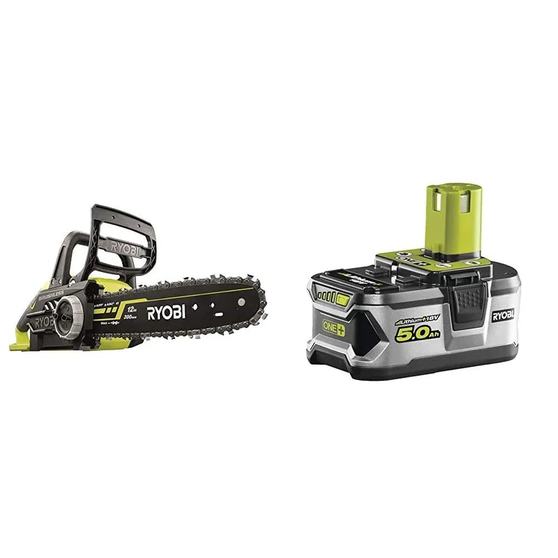 Ryobi OCS1830 18 V 30 cm Bar ONE+ Cordless Brushless Chain Saw & RB18L50 ONE+ Lithium+ 5.0Ah Battery, 18 V