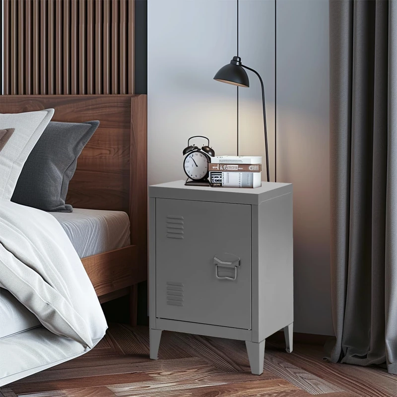 FurnitureR Bedside Table Nightstand Kids Metal Lockers Gym Room Keeper School Living Room Office Organizer,Grey,15.9'' x 12'' x 22.6''