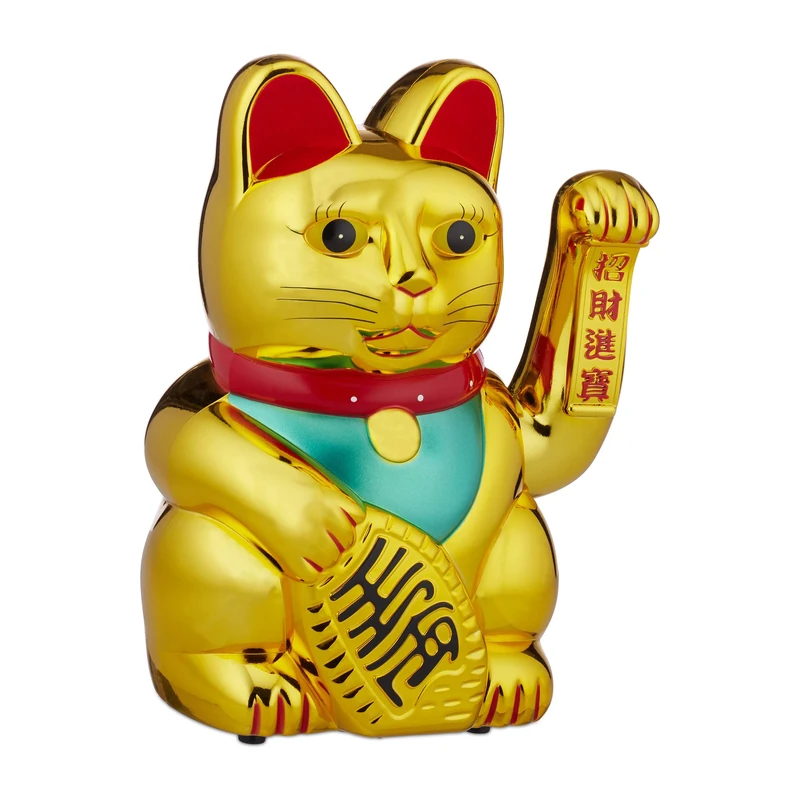 Relaxdays XXL Waving Cat, Maneki Neko, Battery-Powered Paw, Good Fortune & Wealth Charm, 48 cm, Golden