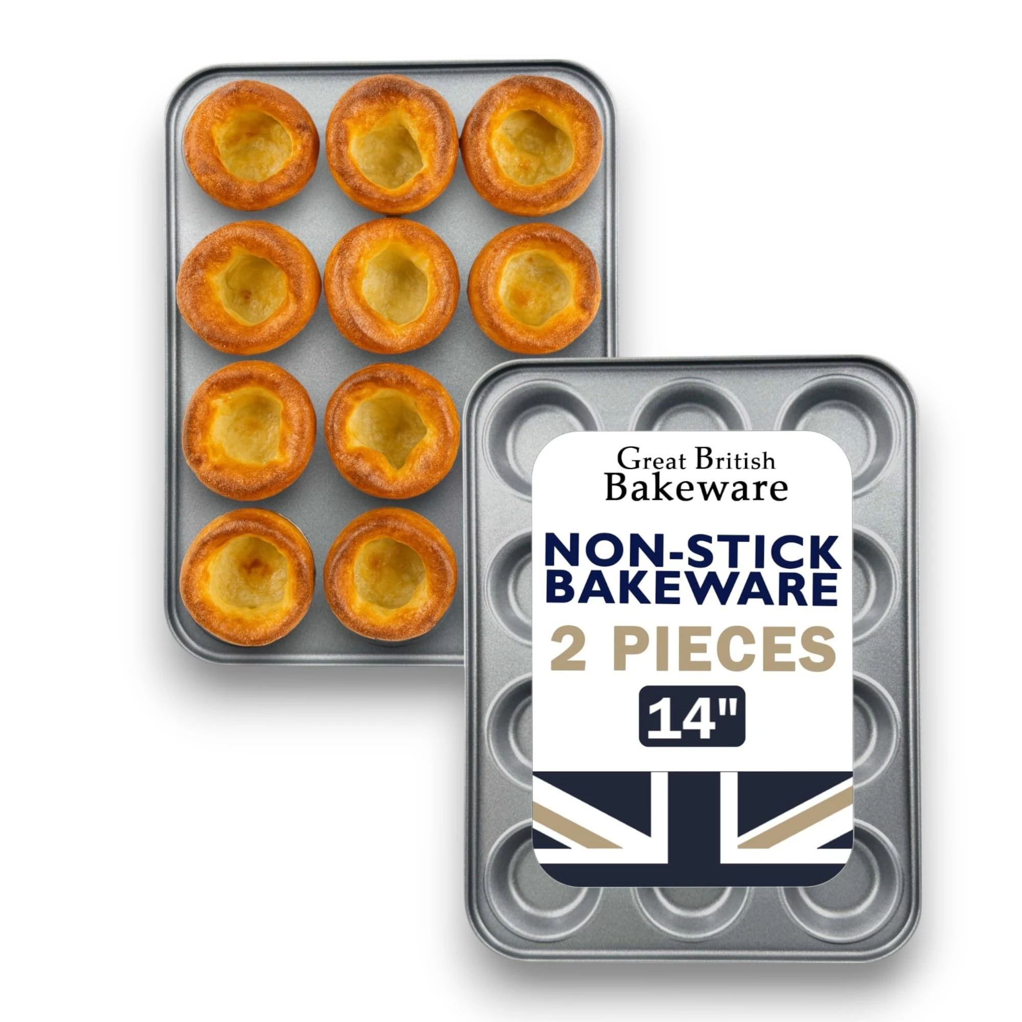 Great British Bakeware 2 Pack 14"/36cm Superior Double Coated Non-Stick 12 Cup Bun Tray, Yorkshire Pudding Tray, Muffin, Mince Pie, Fairy Cake Tin, Cupcake, UK Made, PFOA & BPA Free Cookware