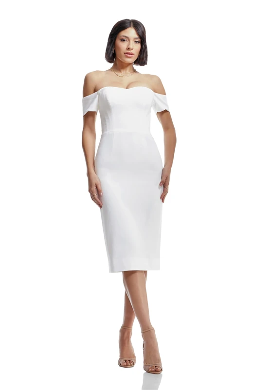 Dress the Population Women's Bailey Off The Shoulder Sweetheart Bodycon Midi Sheath Dress, White, Large