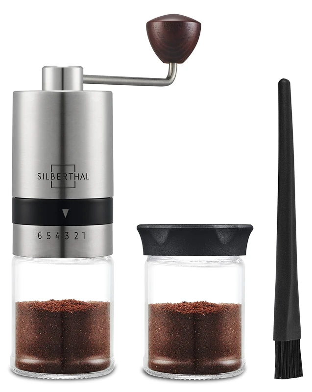 SILBERTHAL Manual Coffee Grinder – Stainless Steel – 6 Adjustable Levels – Portable Coffee Bean Grinder – with Storage Container and Cleaning Brush