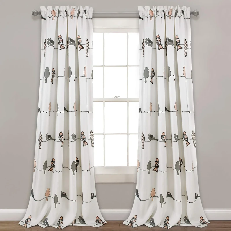 Lush Decor Rowley Birds Light Filtering Window Curtain Panels, Pair, 52" W x 95" L, Blush & Gray - Colorful Floral Print - Whimsical & Playful Bird Curtains For Bedroom, Living Room, Or Dining Room