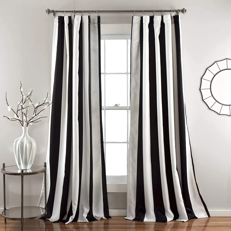 Lush Decor, Black Wilbur Stripe Light Filtering Window Curtain Panel Pair, 95" x 52", 52" W x 95" L