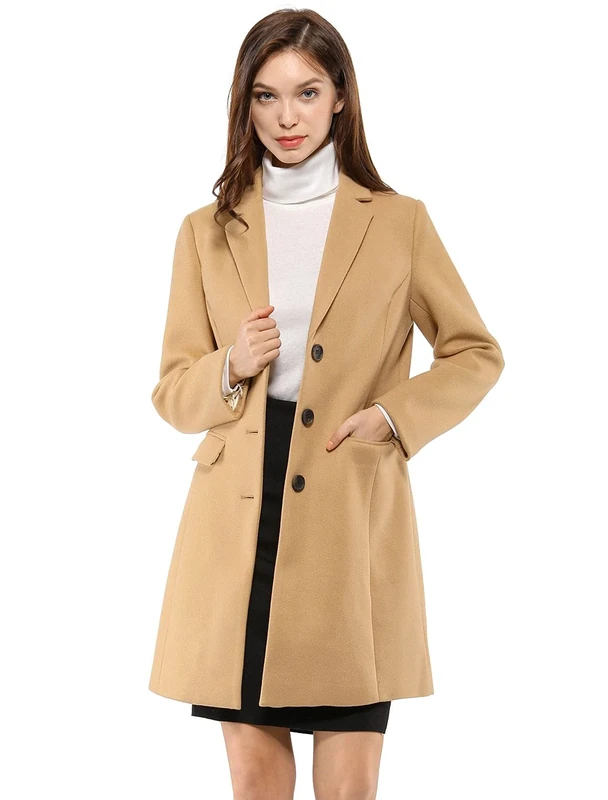 Allegra K Women's Notched Lapel Single Breasted Outwear Winter Coat Browns M