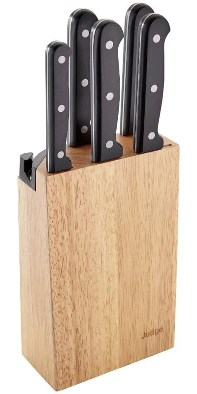Judge Kitchen Knife Set Block with Knives and Knife Sharpener - 5 Piece Quality Stainless Steel, Razor Sharp Blades, Full Length Riveted Handles