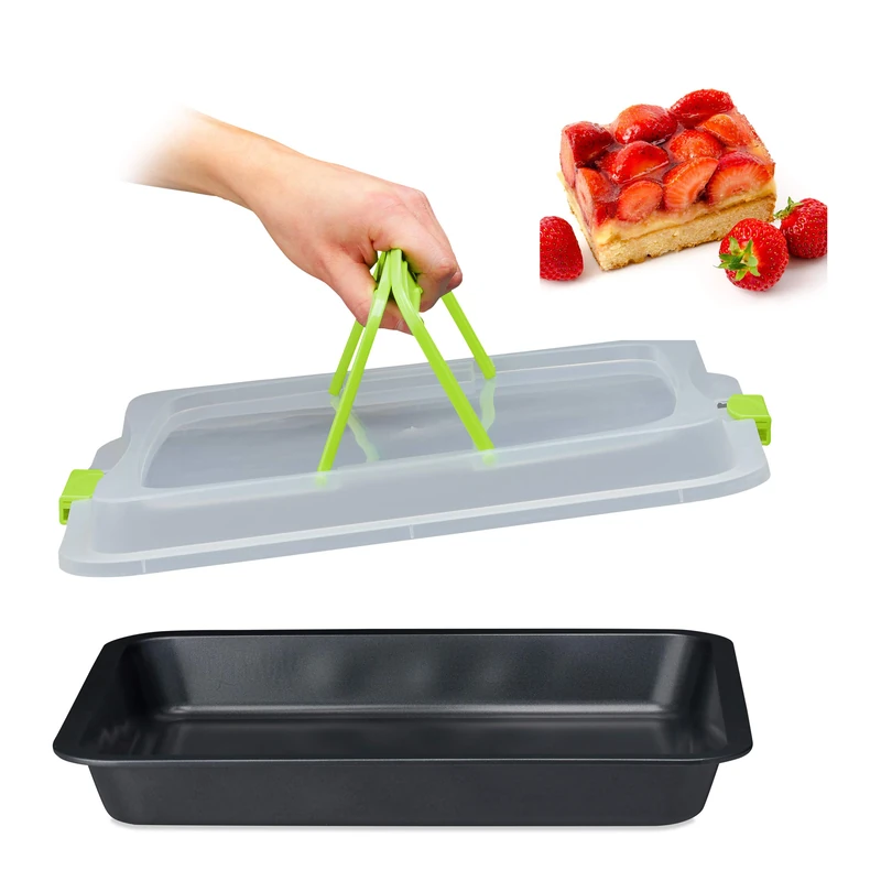Relaxdays Baking Tray with Lid, Cake Carrier, Kitchen Storage Container with Handles, 3in1, WxD: 40x33, Green & Black
