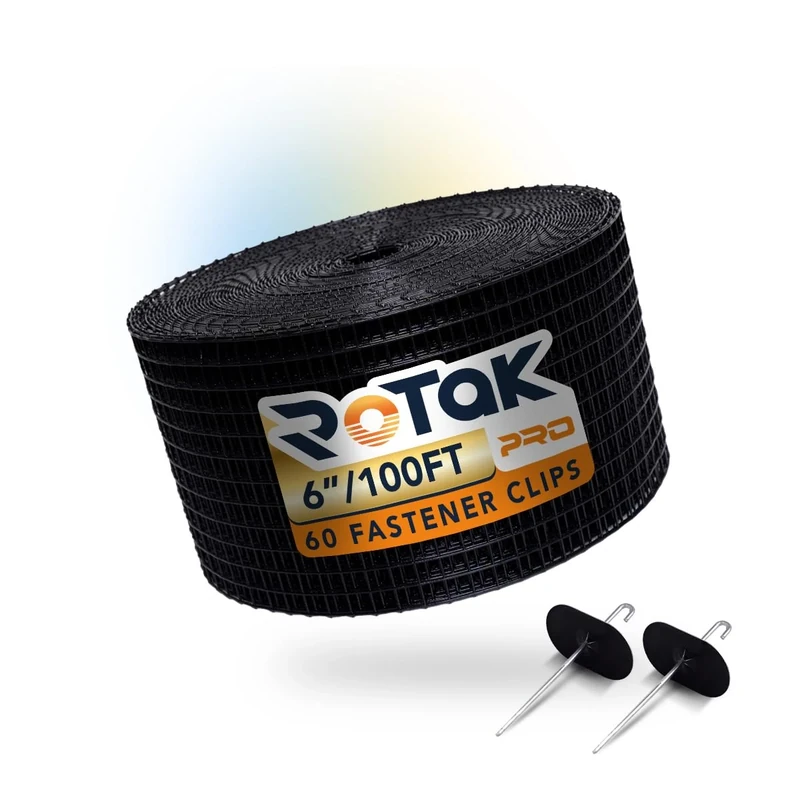 RoTak Critter Guard PRO | 6in x 100ft Solar Panel Bird Prevention Roll Kit with 60 Fastener Clips | Heavy Duty Galvanized Black PVC Coated ½ inch Wire Roll Mesh (6" PRO + 60 Clips)