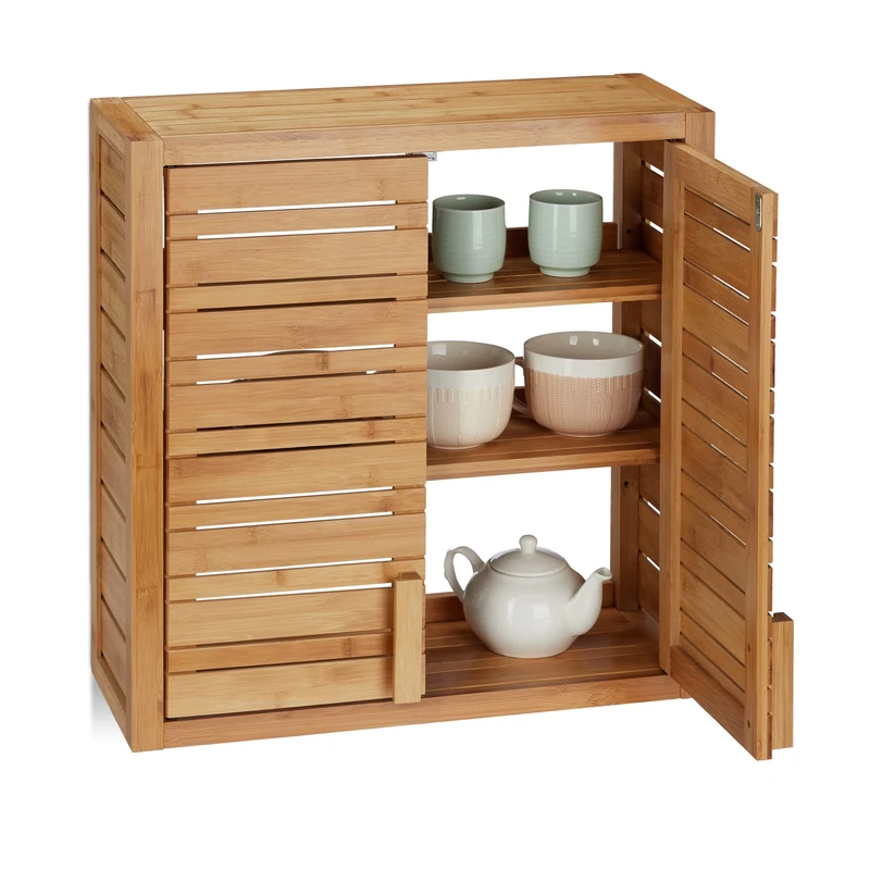 Relaxdays Bamboo Wall Shelf, 2 Doors, Adjustable Liner Base, Square Hanging Wall, HWD 56.5x56x21cm, Natural