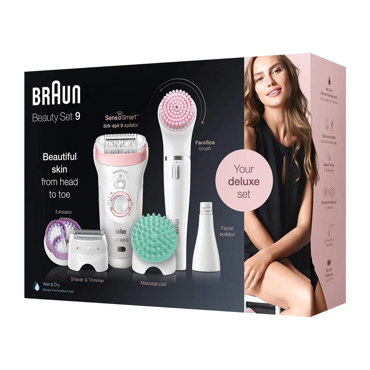 Braun Silk-épil Beauty Set 9 9-995 Deluxe 9-in-1 Cordless Wet & Dry Hair Removal - Epilator, Shaver, Exfoliator, Cleansing Kit for Face & Body, White/Pink