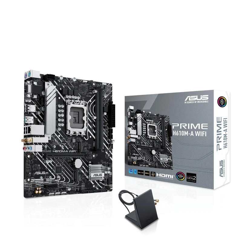 ASUS PRIME H610M-A WIFI Intel H610 (LGA 1700) mATX motherboard with PCIe 4.0, dual M.2 slots, DDR5, Intel 1Gb Ethernet, DisplayPort, HDMI, VGA, USB 3.2Gen 2 ports, Addressable Gen 2 headers, Aura Sync