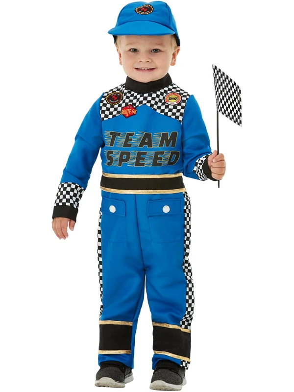 Smiffys toddler racing car driver costume with jumpsuit cap and flag blue