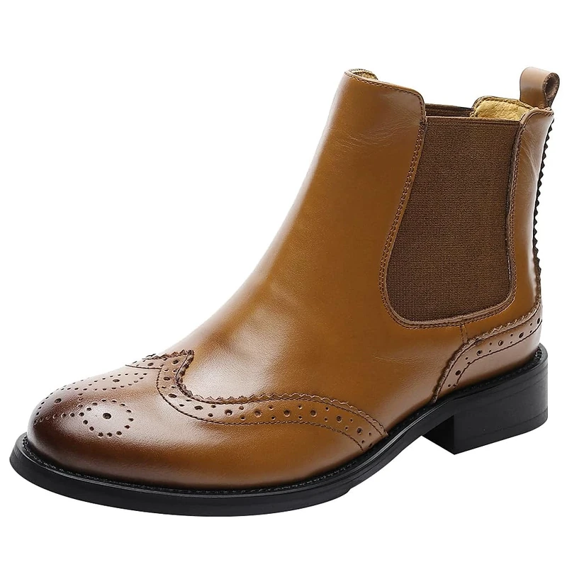 rismart Women's Leather Brogue Wingtip Chelsea Boots - Brown