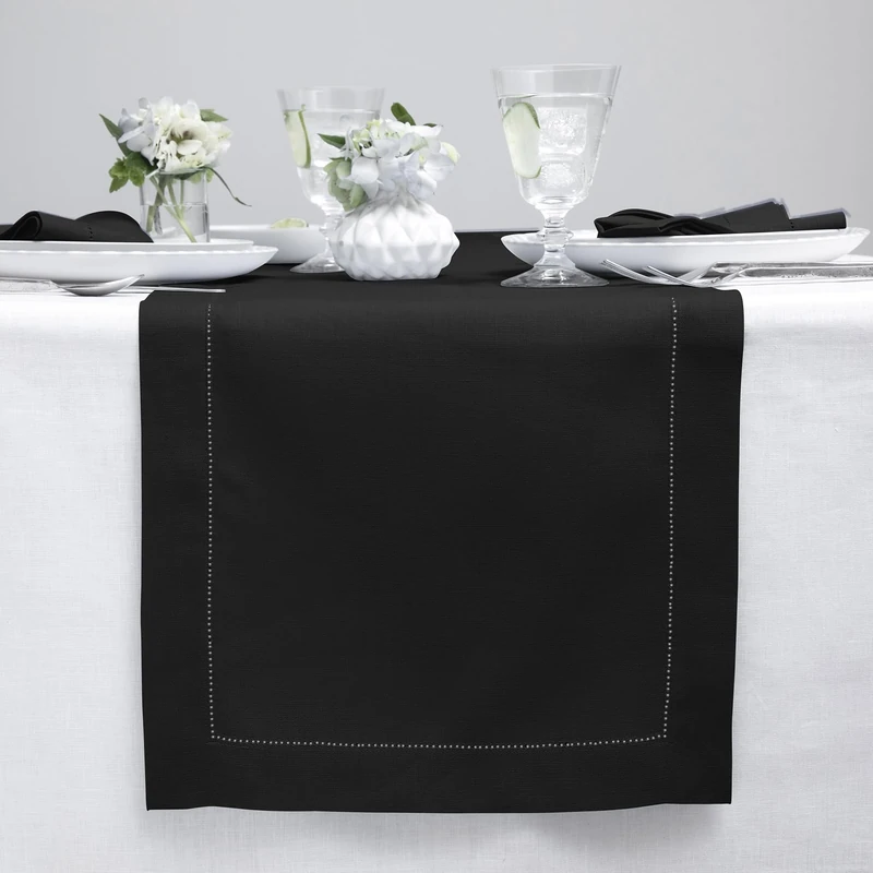 Solino Home 100% Linen Table Runner Black, Classic Hemstitch 14 x 144 in