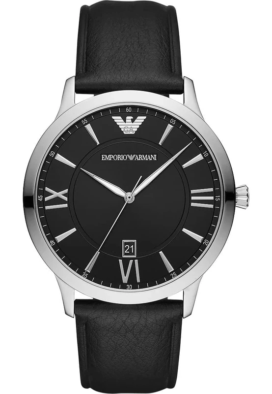 Emporio Armani Watch for Men, Three Hand Date Movement, 43 mm Silver Stainless Steel Case with a Leather Strap, AR11210