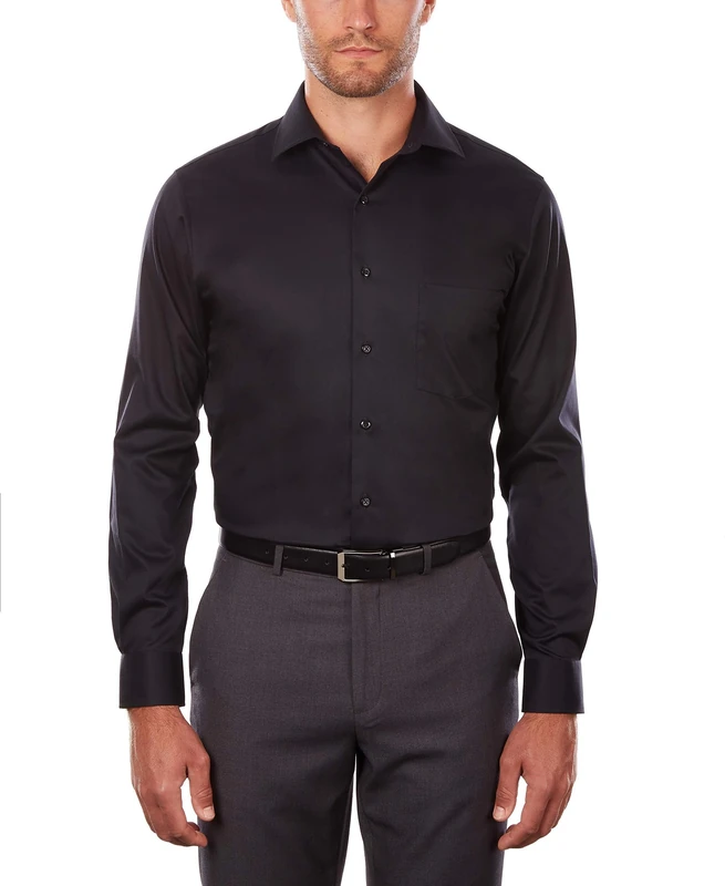 Van Heusen Men's Dress Shirt Regular Fit Flex Collar Stretch Solid, Black, 15.5" Neck 32"-33" Sleeve