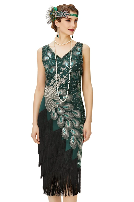 BABEYOND 1920s Vintage Peacock Sequined Dress Gatsby Fringed Flapper Dress Roaring 20s Party Dress, Dark Green with Black Fringe, Small