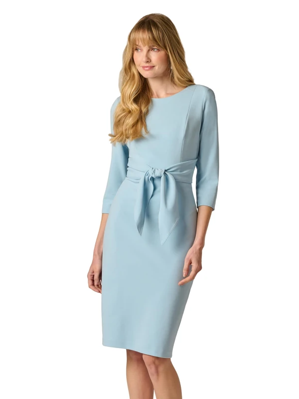 Adrianna Papell Women's Knit Crepe Tie Waist Sheath Dress, Blue Mist, 16