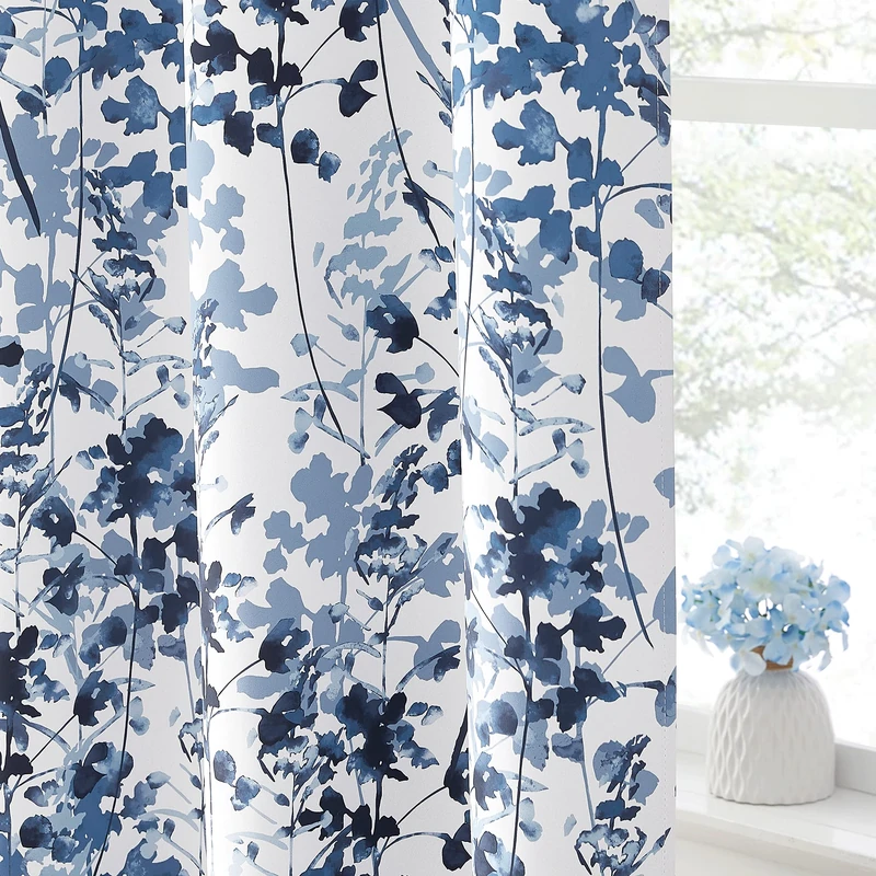 KGORGE Blackout Curtains & Drapes Boho Home/Office Artistic Decor with Vivid Watercolor Floral Painting Thermal Insulated Energy Efficient Shades for Bedroom Living Room (Blue, W 52" x L 84", 1 Pair) - Image 1