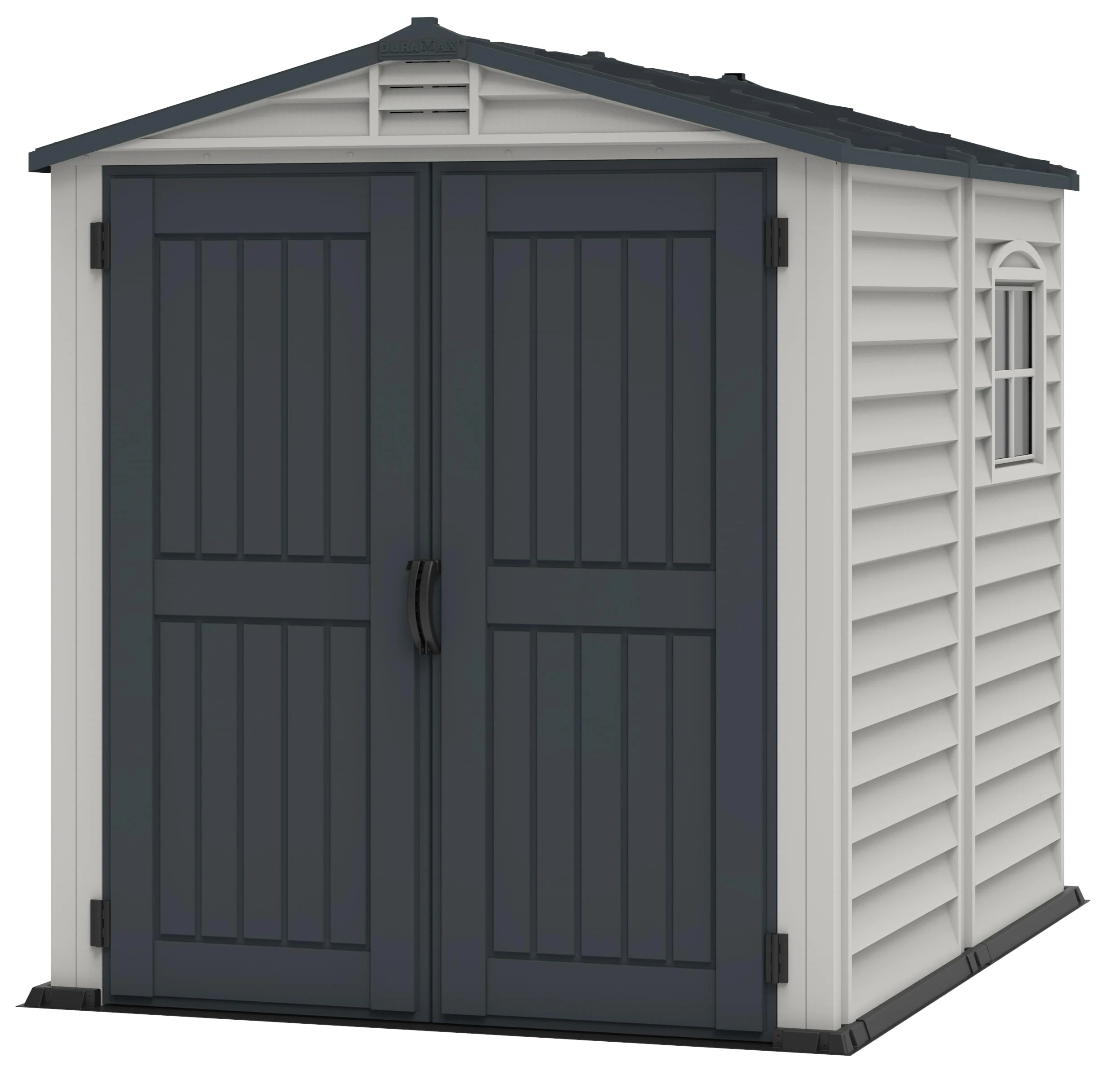 Duramax StoreMate PLUS 6 x 6 (3.65 m2) Plastic Garden Shed with Heavy-Duty Plastic Floor & Fixed Window, Strong Metal Roof Structure, Fire Retardant & Maintenance-Free Storage Shed, Dark Grey & Adobe
