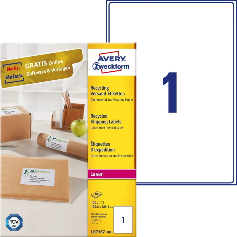 AVERY Zweckform LR7167-100 Recycled Labels 199.6 x 289.1 mm 100 Sheets Self-Adhesive Printable Matte Paper 100% Recycled Paper Blue Angel Natural White