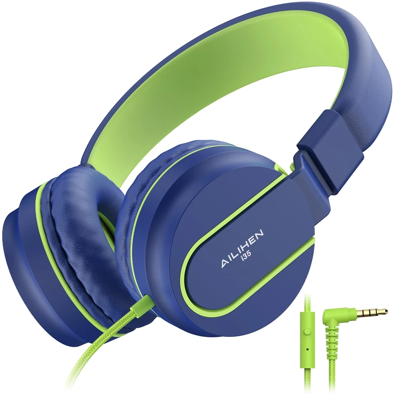 Ailihen I35 Kid Headphones with Microphone Volume Limited 93dB Children Girls Boys Teen Lightweight Foldable Wired Headset for School Online Course Chromebook Cellphones Tablets (Blue Green)