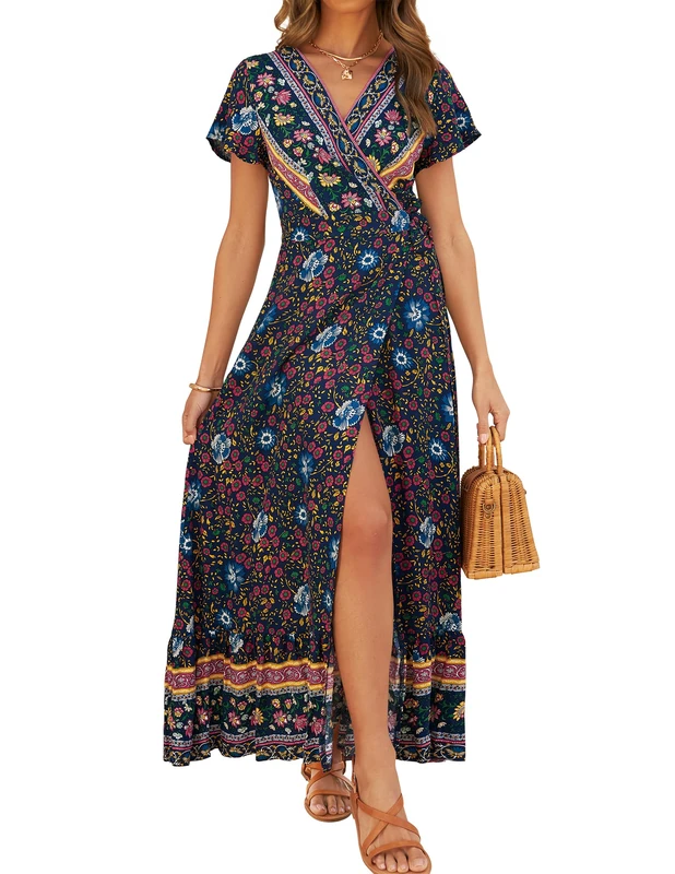 Women's Bohemian Floral Printed Wrap V Neck Short Sleeve Split Beach Party Maxi Dress