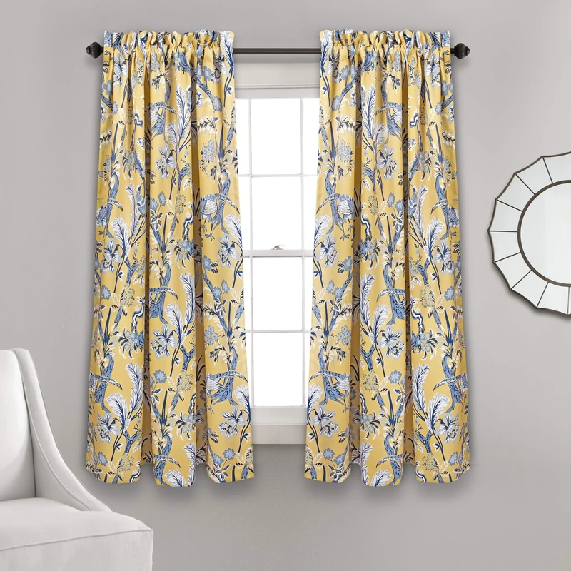 Lush Decor Dolores Light Filtering Window Panels, Pair, 52" W x 63" L, Yellow - Toile Curtains - Floral Bird Print - Grandmillennial & French Country Curtains - Cottage & Maximalist Home Decor