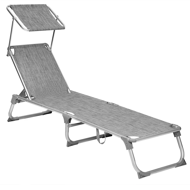SONGMICS Sun Lounger, Sunbed, Reclining Sun Chair with Sunshade, Adjustable Backrest, Foldable, Lightweight, 55 x 193 x 31 cm, Load Capacity 150 kg, for Garden, Patio, Mottled Grey GCB19TG