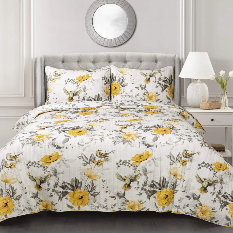 Lush Decor Penrose Floral 3 Piece Quilt Set, Full/Queen, Yellow & Gray, Cotton