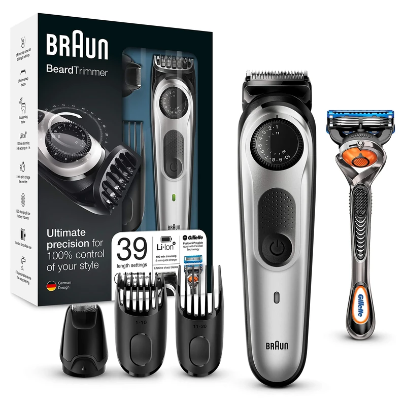 Braun Beard Trimmer and Hair Trimmer BT5065, 39 Length Settings, AutoSense Technology, Precision Cutting Head, Incl. Gillette Razor, Black/Silver
