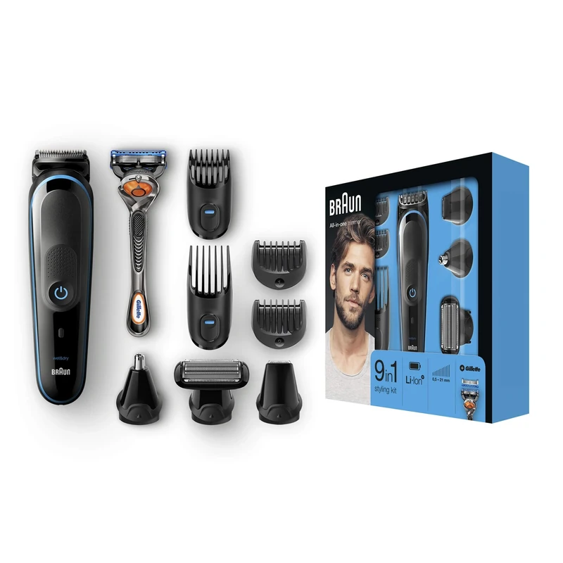 Braun 9-in-1 Beard Trimmer With Hair & Nose Trimmer & Gillette Razor, For Beard, Hair & Body Grooming, 100% Waterproof, UK 2 Pin Plug, MGK5080, Black/Blue Razor