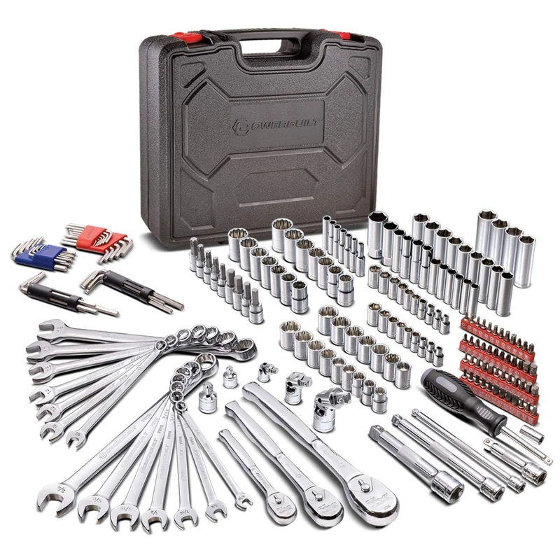Powerbuilt 200 Piece 1/4-inch, 3/8-inch, and 1/2-inch Drive Mechanics Tool Set - with SAE and Metric Socket Set, Powerbuilt XT 90 Tooth Seal-Head Ratchets, Including Case - 642472